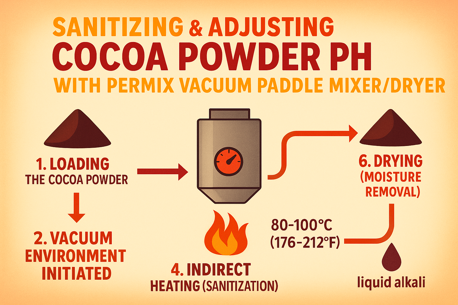 Sanitizing cocoa powder and adjusting its pH using a PerMix Vacuum Paddle Mixer/Dryer is a precise and efficient process. Here’s how it works, step by step: